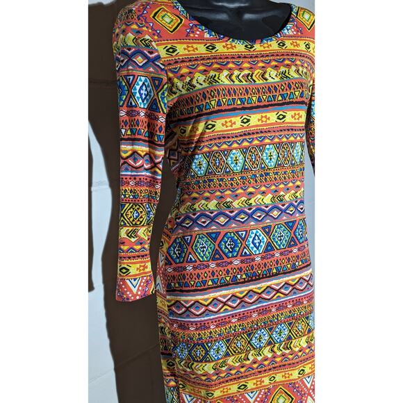 Say What Geometric Tribal Boho Multicolor Print Dress Long Sleeve Bodycon Medium - Picture 4 of 5